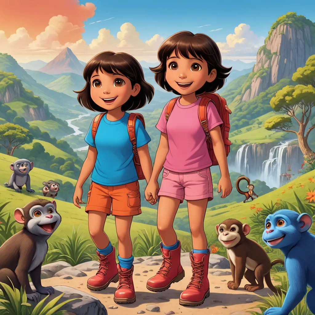 two girls standing in front of a mountain with animals and a waterfall in the background with a sky background, serial art, poster art, disney, promotional image