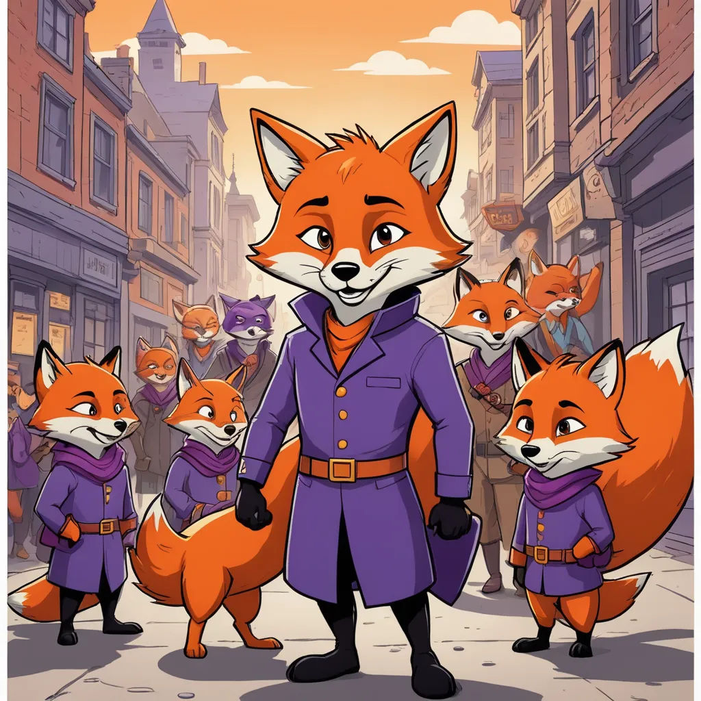 a cartoon of a fox in a purple coat and a group of foxes in purple coats on a city street, furry art, a storybook illustration, Bourgeois, key art