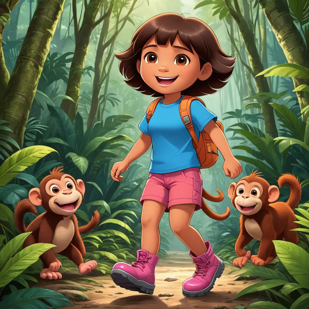 a girl and two monkeys in the jungle with a backpack on her back and a backpack on her shoulder, primitivism, a character portrait, Ella Guru, promotional image