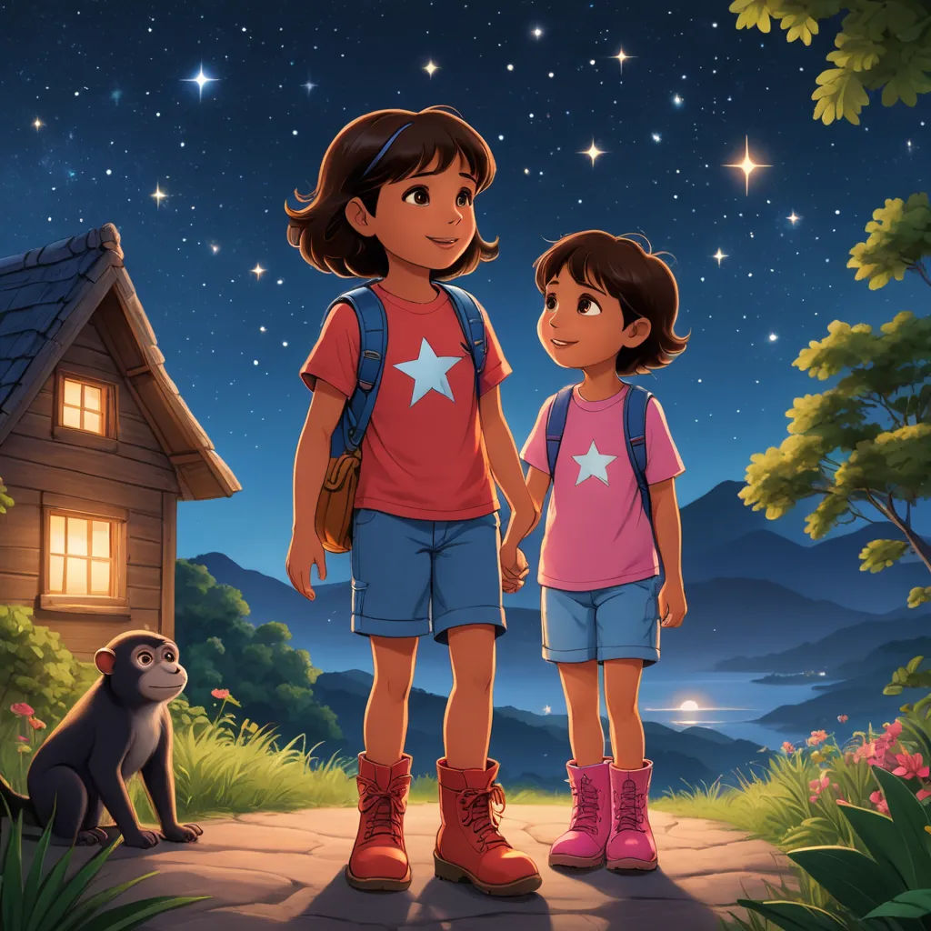 a couple of kids standing next to each other in front of a house at night with stars on the sky, space art, a storybook illustration, Diego Gisbert Llorens, promotional image