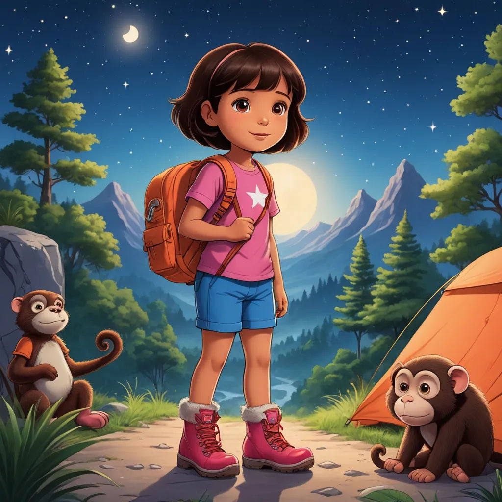 a girl standing in front of a tent with a monkey and a tent in the background with a full moon, space art, a storybook illustration, Cliff Childs, promotional image