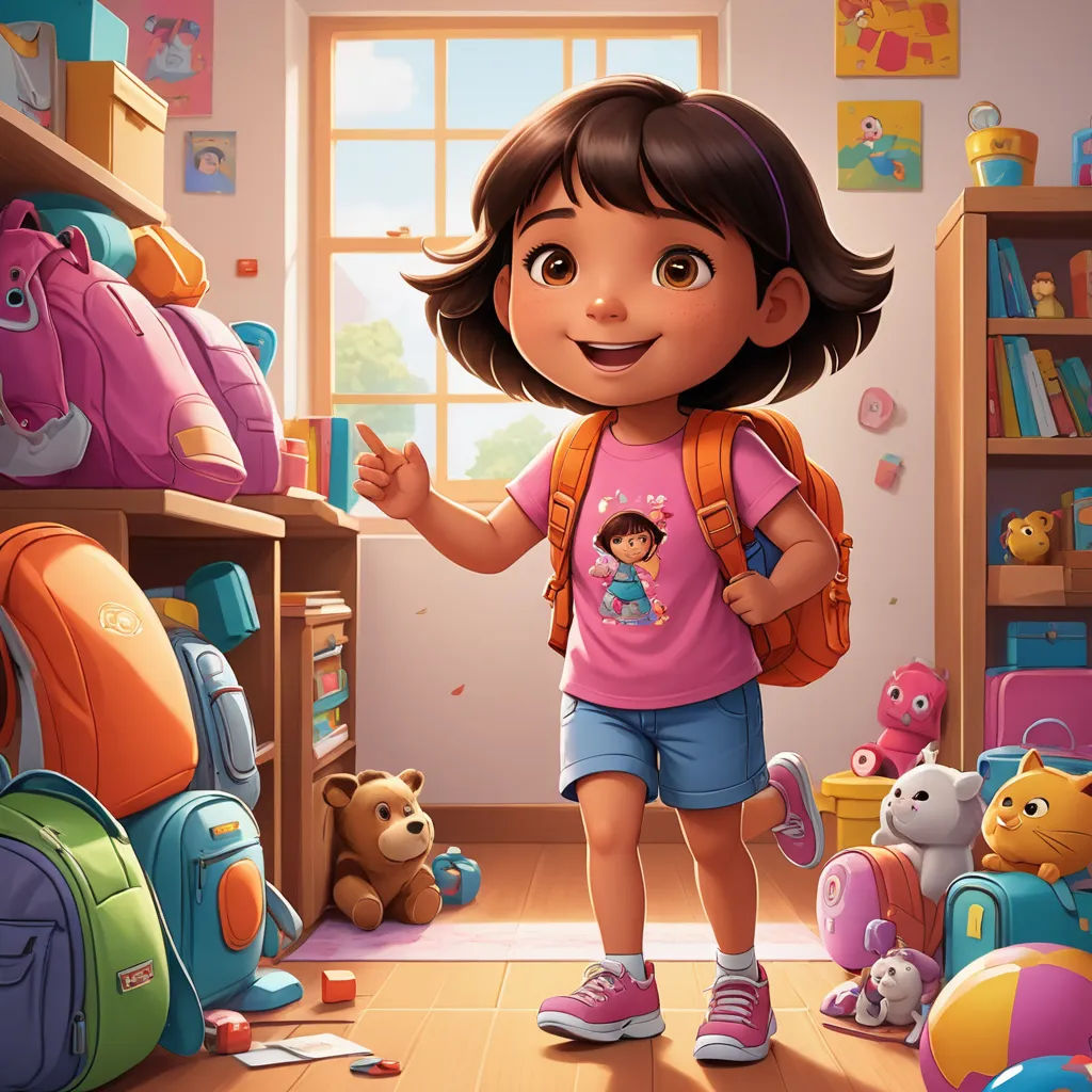 a cartoon girl in a room with toys and bookshelves and a backpack on her back and a teddy bear on the floor, photorealism, a storybook illustration, Ada Gladys Killins, promotional image