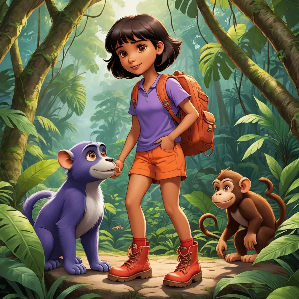 a girl and a monkey in the jungle with a backpack on their shoulders and a backpack on their shoulder, furry art, poster art, Ella Guru, promotional image