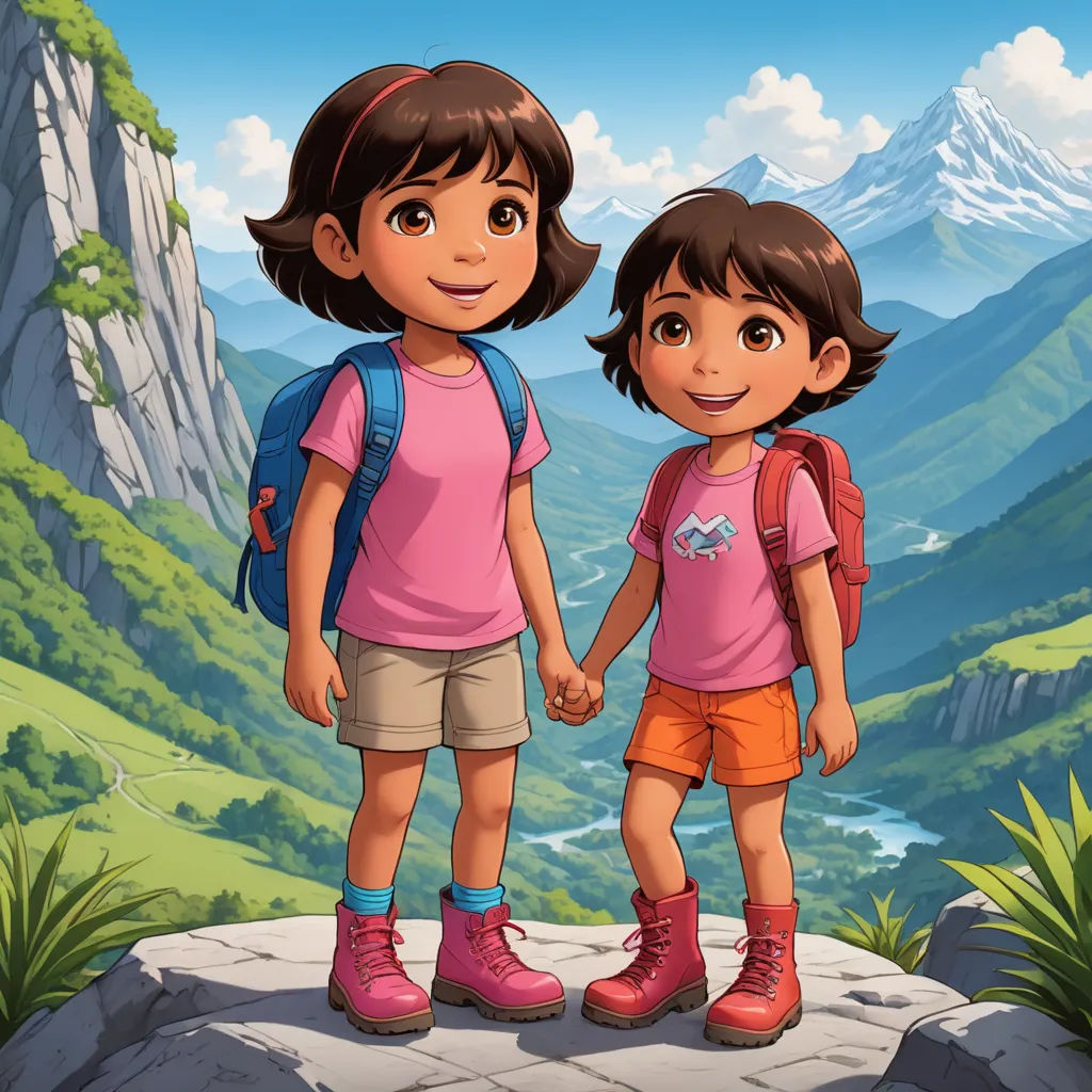 two children standing on a rock in front of a mountain range with a valley in the background and a mountain range in the background, lyco art, a storybook illustration, Diego Gisbert Llorens, promotional image