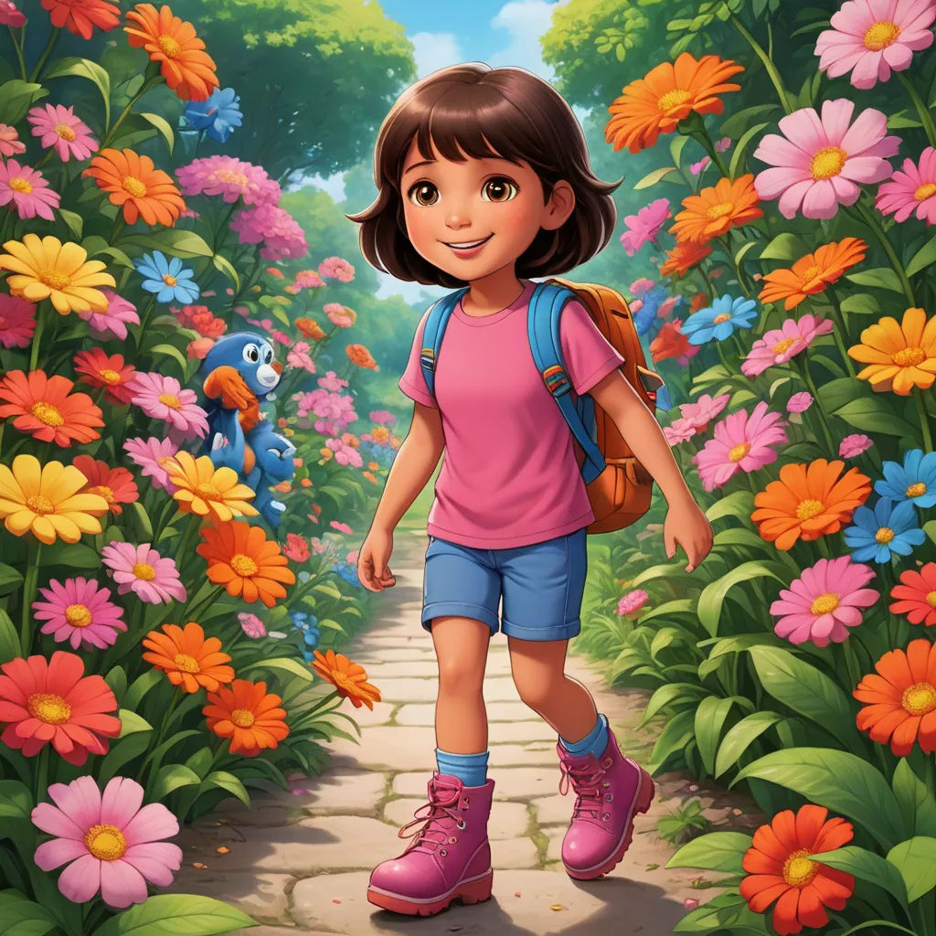 a girl walking through a flower garden with a parrot in her hand and a backpack on her shoulder,, color field, poster art, Ada Gladys Killins, promotional image