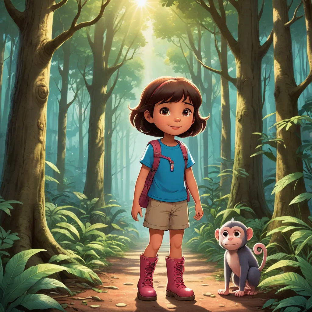 a girl standing in the middle of a forest with a monkey on the ground next to her and a monkey on the ground, furry art, poster art, Diego Gisbert Llorens, promotional image