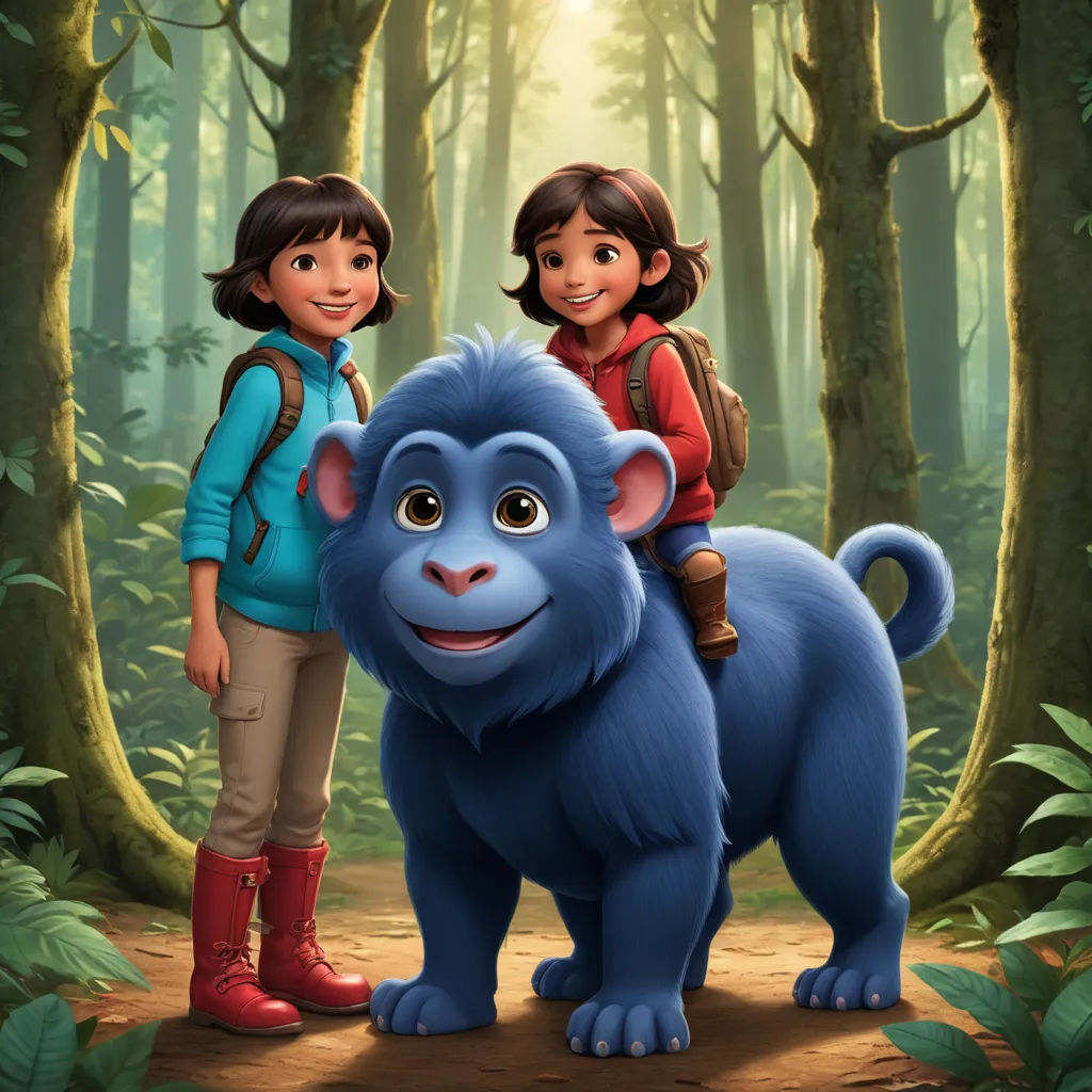 a young girl and a young boy standing next to a blue monkey in a forest with trees and leaves, sots art, a poster, Ella Guru, promotional image