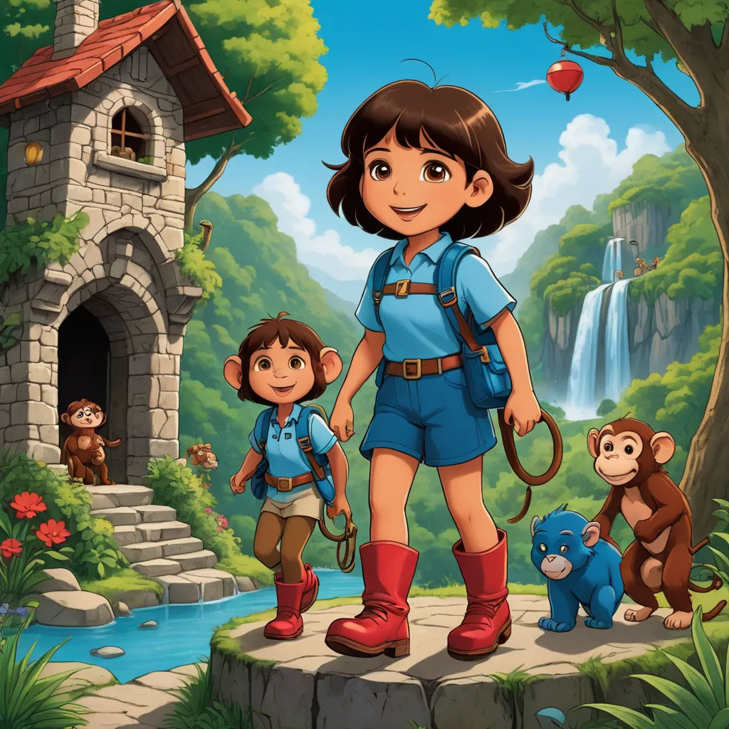 a girl and a monkey are standing in front of a waterfall and a waterfall house with a waterfall in the background, furry art, a storybook illustration, Ada Gladys Killins, promotional image