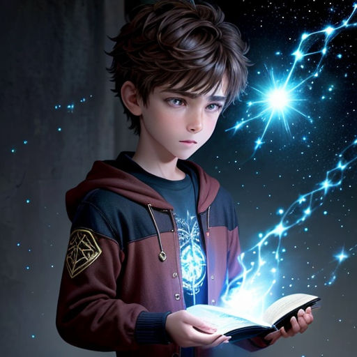 a boy is holding a book and looking at it with a glowing star in the background of the picture