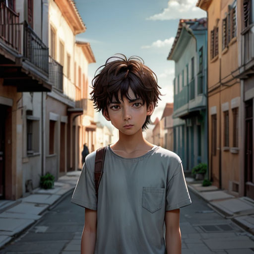 a boy standing in a street with a backpack on his shoulder and a building in the background with a person standing in the street