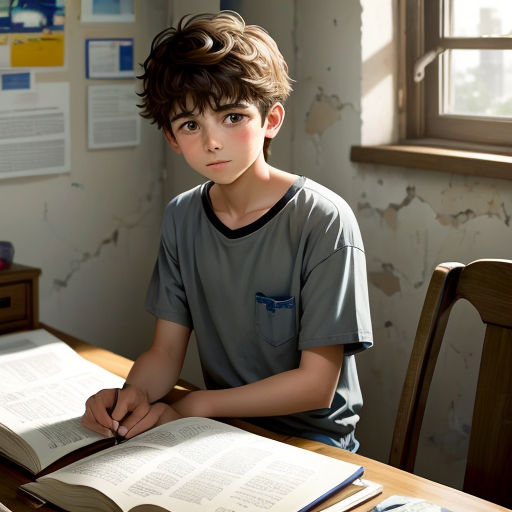 a boy sitting at a table with a book in front of him and a window behind him with a light coming through