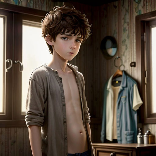 a boy with no shirt standing in a room with a window and a coat on the wall behind him