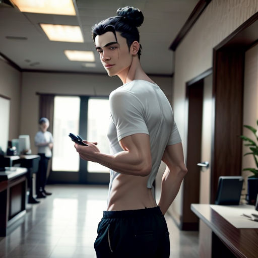 a man in a white shirt is looking at his cell phone in a room with a desk and a man in a white shirt