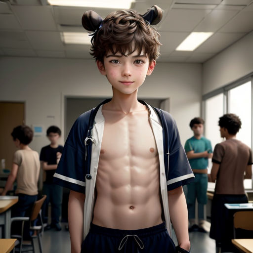 a boy with a shirtless torso and a backpack on his head in a classroom with other boys in the background