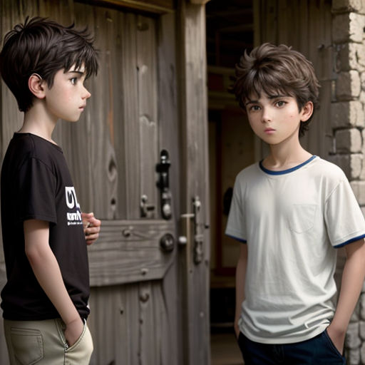 two young boys standing next to each other in front of a door with a brick wall and a door frame