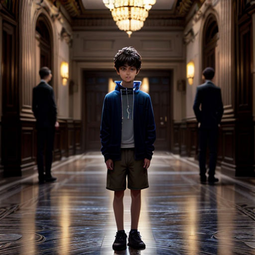 a young boy standing in a hallway with a chandelier above him and a chandelier hanging from the ceiling