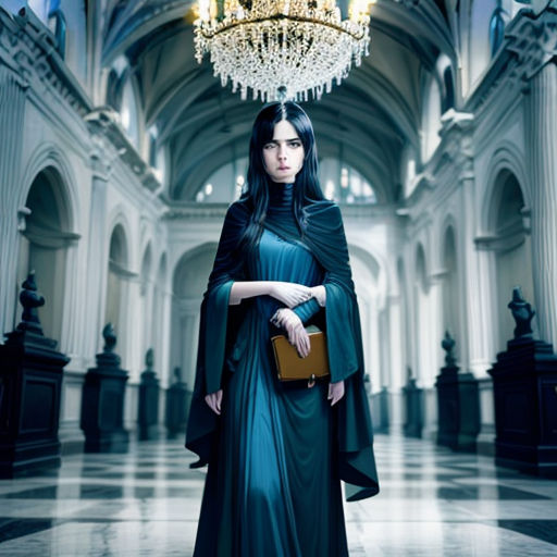 a woman in a blue dress standing in a hall with a chandelier hanging from the ceiling and a chandelier hanging from the ceiling