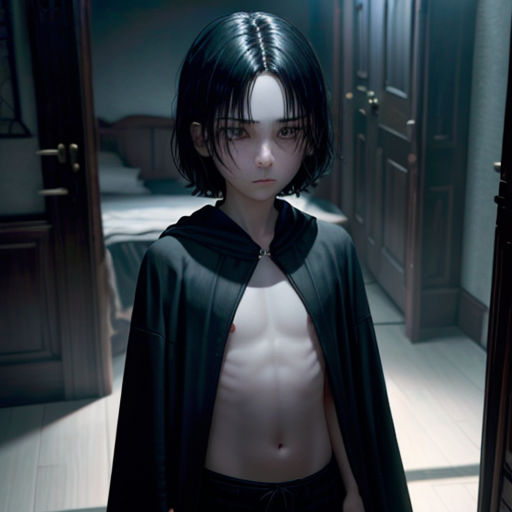 a person with a cape on standing in a room with a door and a bed in the background and a door open