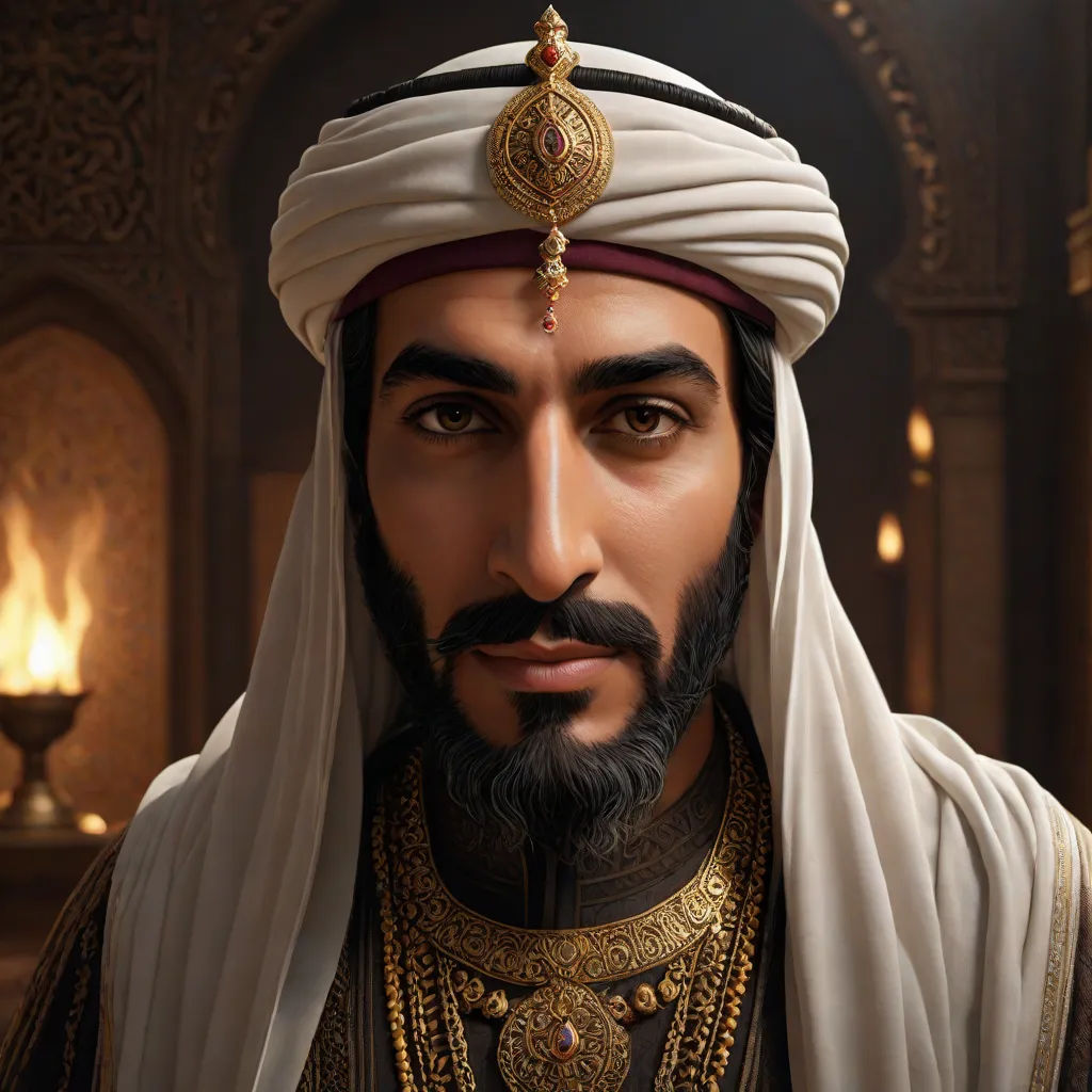 a man in a turban and a beard with a gold and red head piece on his head, hurufiyya, a detailed matte painting, Altoon Sultan, unreal render