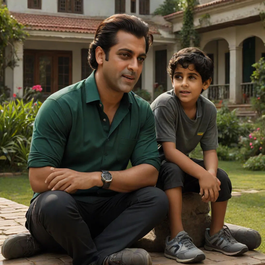 a man and a boy sitting on a stone bench in front of a house with a garden and flowers, samikshavad, a poster, Don Arday, promotional image