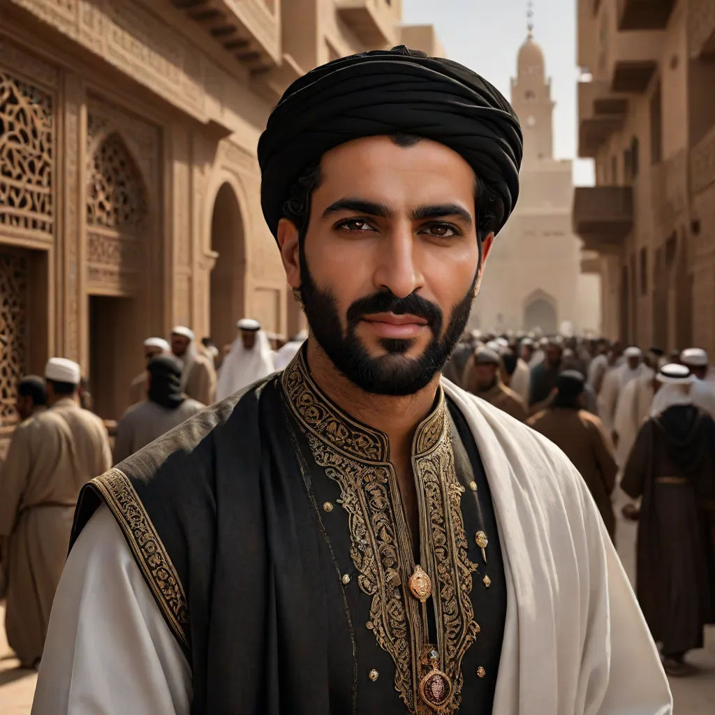 a man in a turban standing in a street in a city with many people around him and a building in the background, hurufiyya, a character portrait, Amir Zand, orientalism