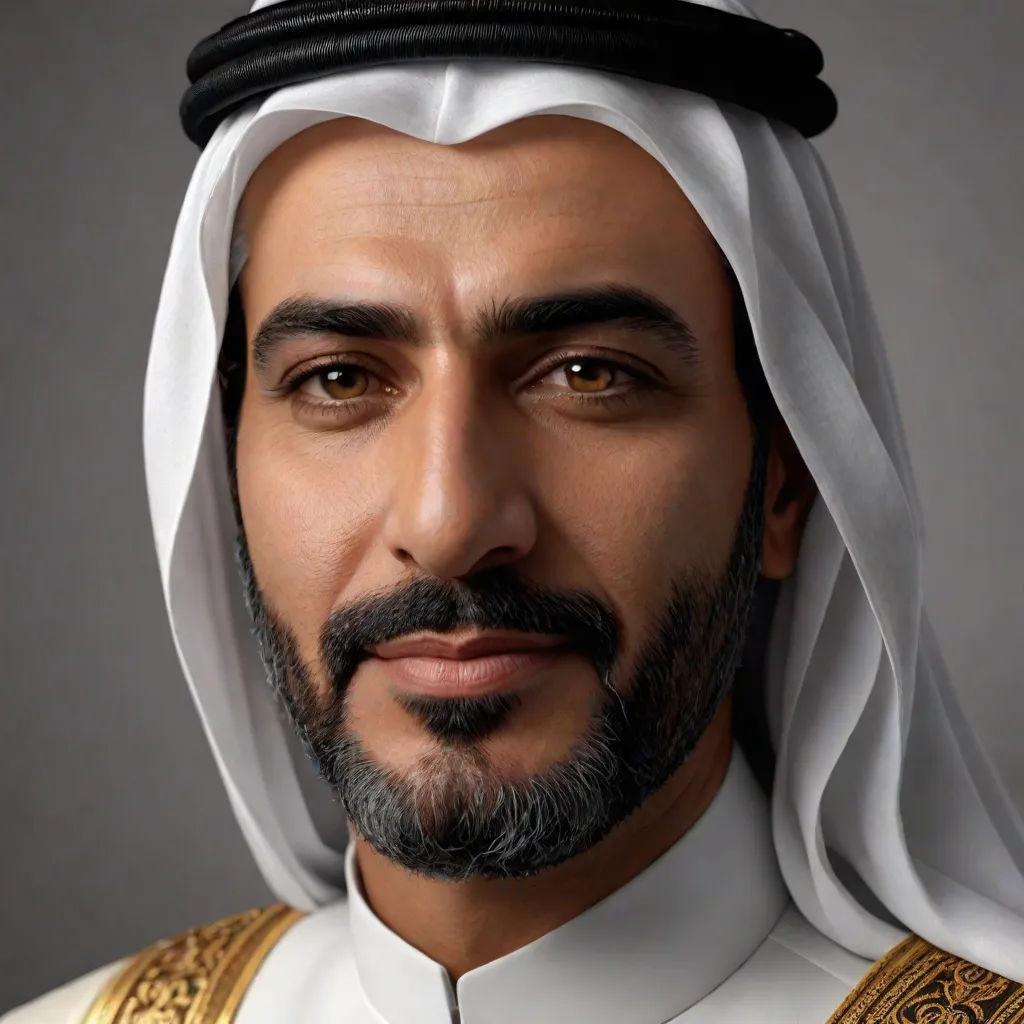 a man with a beard and a white outfit with gold trims and a black hat on his head, hurufiyya, a character portrait, Altoon Sultan, photorealistic portrait