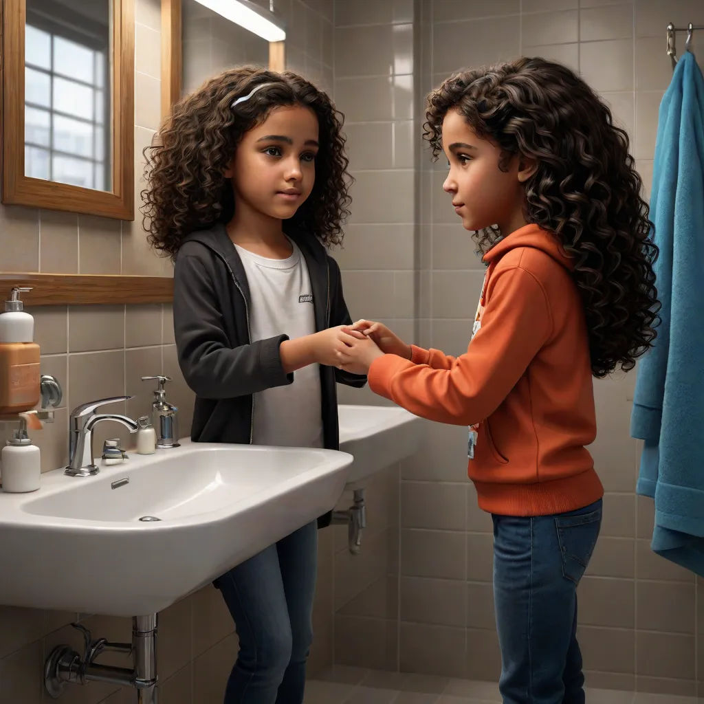 a little girl is brushing her teeth in the bathroom with another girl in the mirror behind her and a blue towel hanging on the wall, photorealism, a hyperrealistic painting, Chris LaBrooy, photoreal