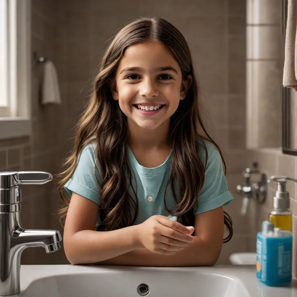 a little girl sitting in front of a sink in a bathroom smiling at the camera with a toothbrush in her hand, photorealism, a stock photo, Evaline Ness, head and shoulders portrait