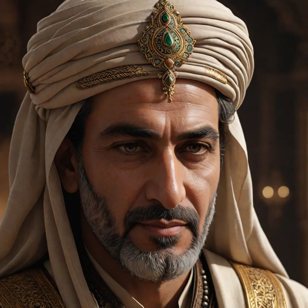 a man in a turban and a gold headdress looks at the camera with a serious look on his face, hurufiyya, computer graphics, Altoon Sultan, unreal engine highly rendered