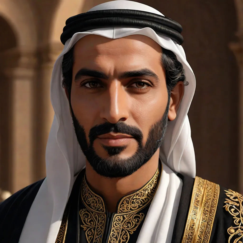 a man in a black and white outfit with a beard and a gold and white scarf on his head, hurufiyya, a character portrait, Altoon Sultan, photoreal