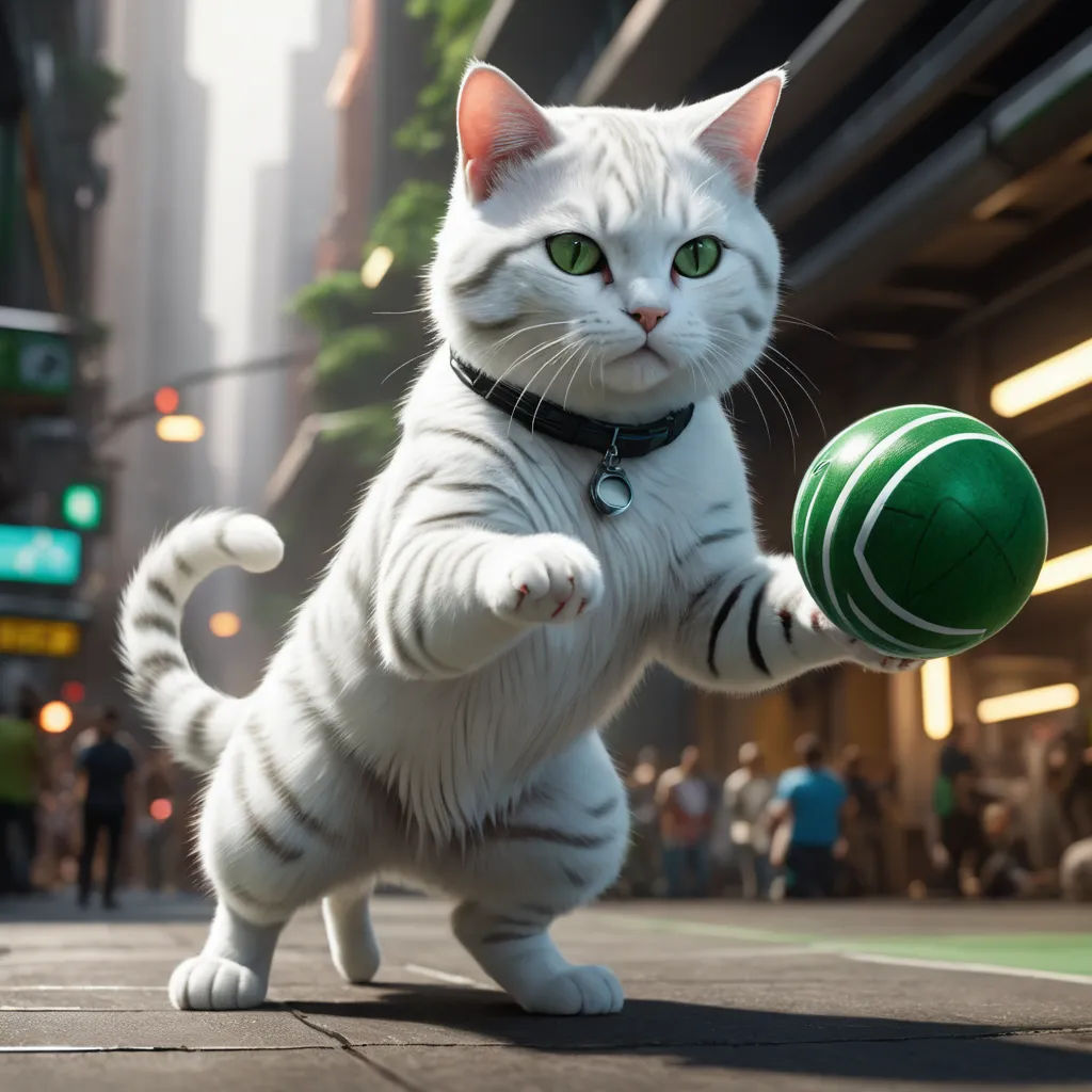 a white cat is playing with a green ball in the street while people are walking by on the sidewalk, photorealism, a computer rendering, Carlos Catasse, unreal engine 5 highly rendered
