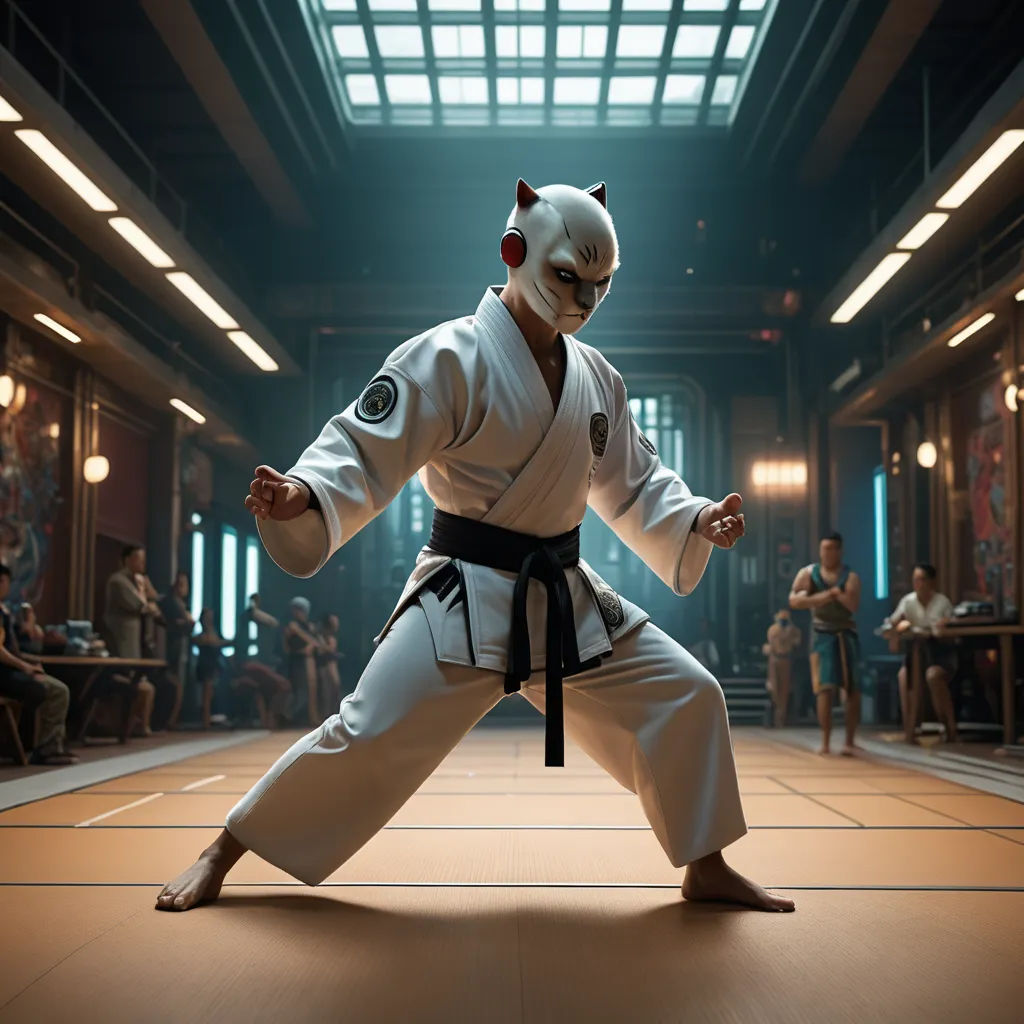 a man in a white outfit is doing karate in a room with people sitting around and a ceiling light, neogeo, a character portrait, Dai Jin, cinematic photography