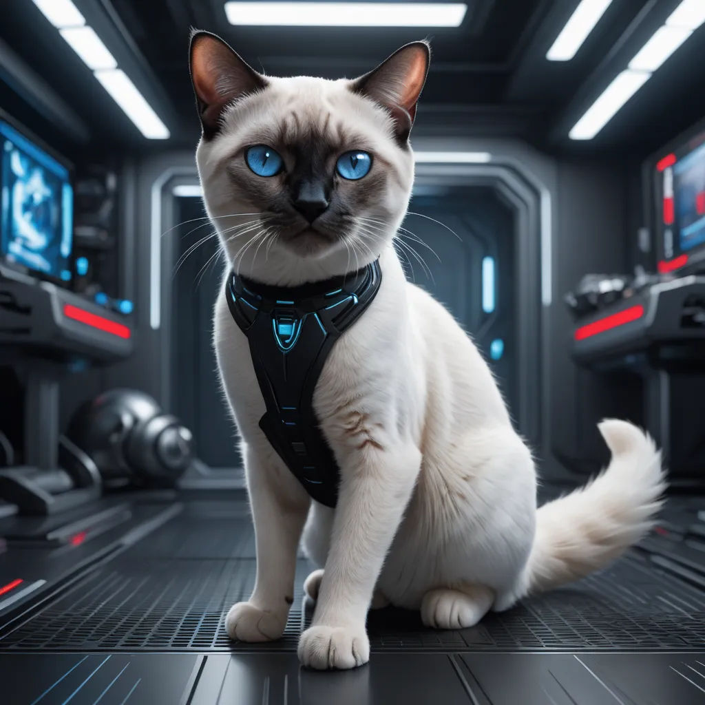 a cat with blue eyes sitting on a floor in a spaceship like setting with other items in the background, retrofuturism, computer graphics, Filip Hodas, unreal 5 render