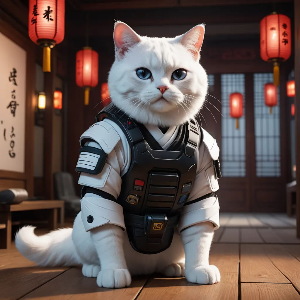 a cat dressed in a star wars outfit sitting on a wooden floor in a room with lanterns and lanterns, furry art, computer graphics, Carlos Catasse, unreal engine 5 highly rendered