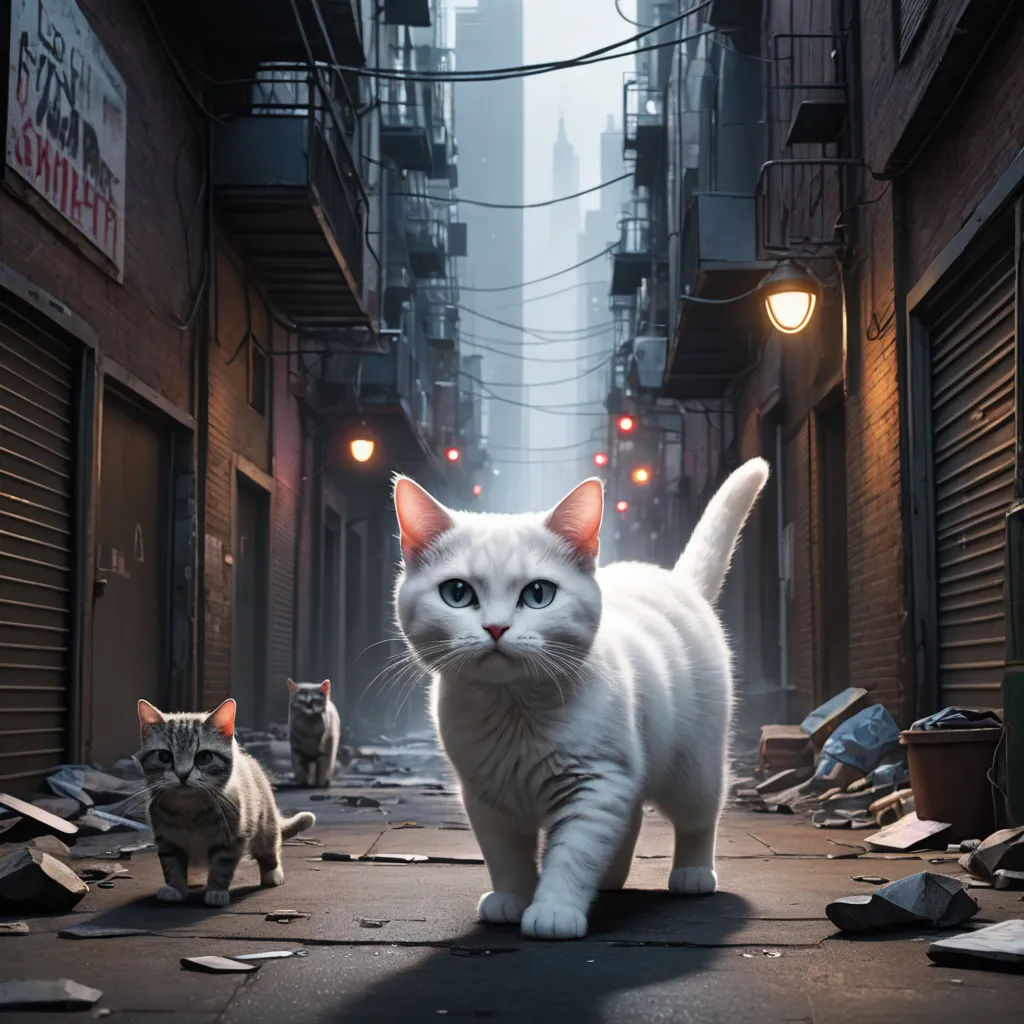 a white cat walking down a street next to a cat on the ground and a cat on the ground, furry art, a detailed matte painting, Chris LaBrooy, promotional image
