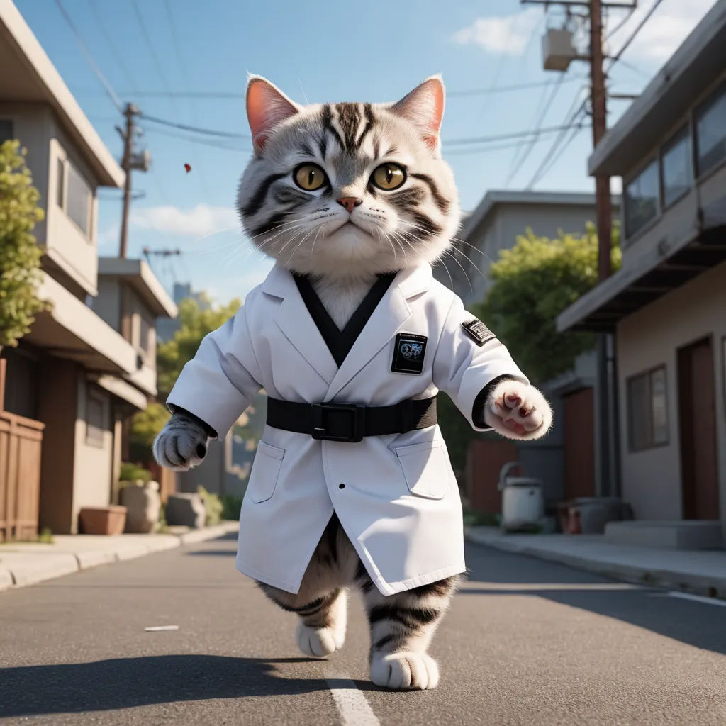 a cat dressed in a karate outfit walking down a street with a black belt around its neck and a black belt around its neck, photorealism, concept art, Dai Jin, unreal engine 5 quality render