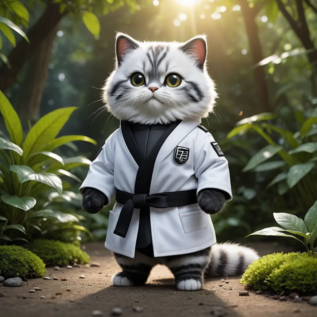 a cat dressed in a karate outfit standing in a forest with a cat in the background and a cat in the foreground, sots art, a character portrait, Cao Buxing, unreal engine 5 quality render