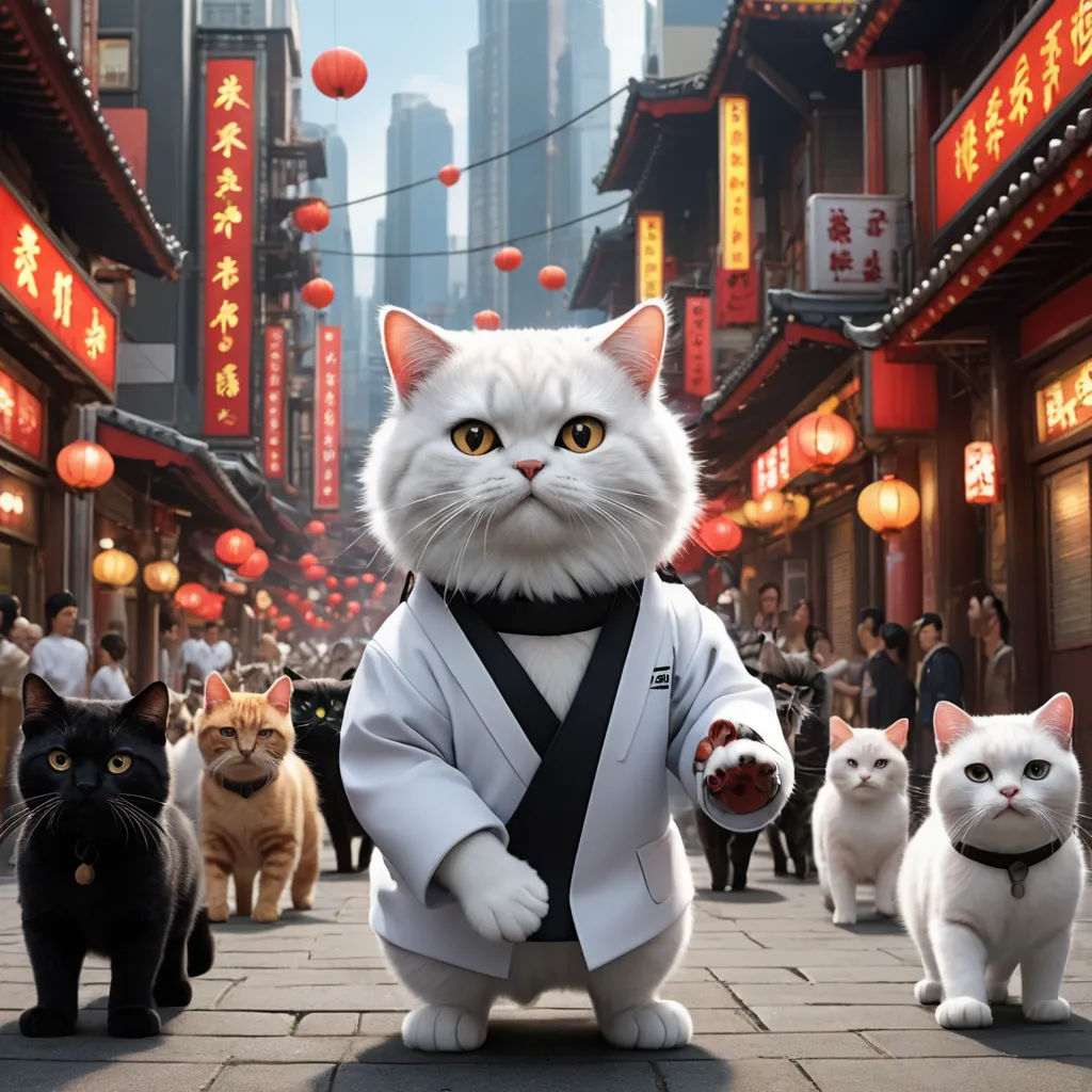 a cat dressed in a suit and tie standing in front of a group of cats on a street with chinese lanterns, kitsch movement, a poster, Carlos Catasse, promotional image