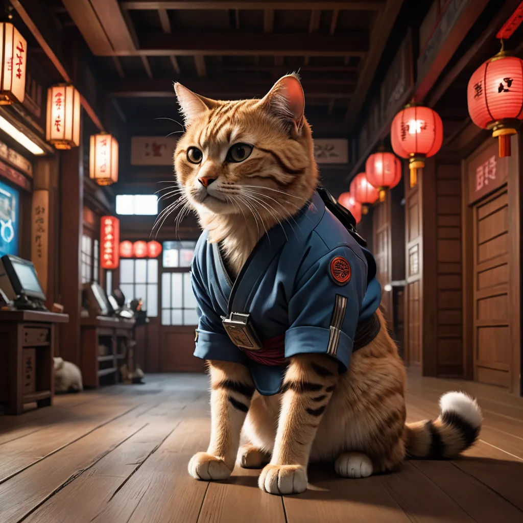 a cat wearing a blue shirt sitting on a wooden floor in a room with lanterns and lanterns hanging from the ceiling, furry art, a character portrait, Chris LaBrooy, promotional image
