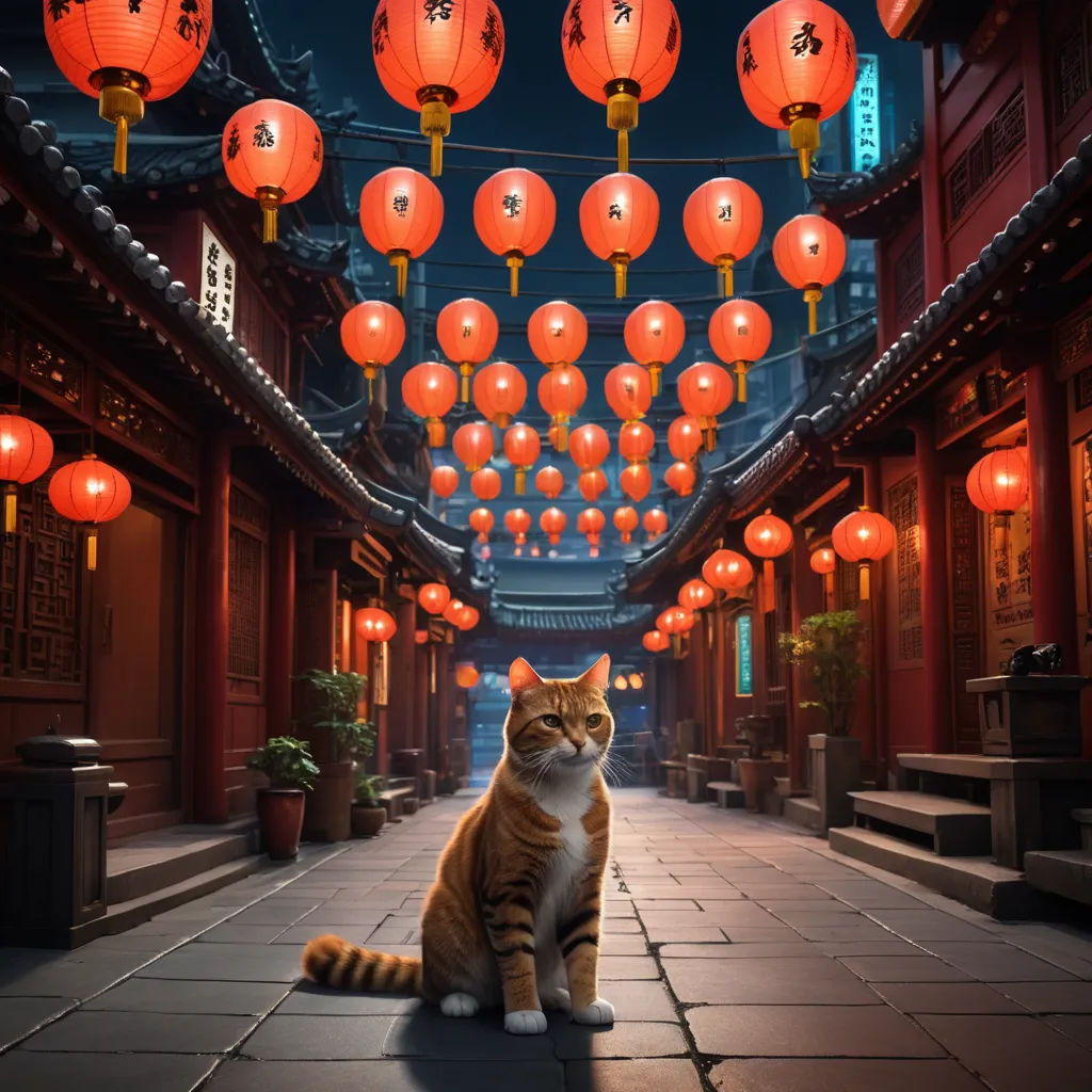 a cat sitting on a walkway surrounded by lanterns and lanterns hanging from the ceiling of a building at night, cloisonnism, a detailed matte painting, Evgeny Lushpin, cinematic photography
