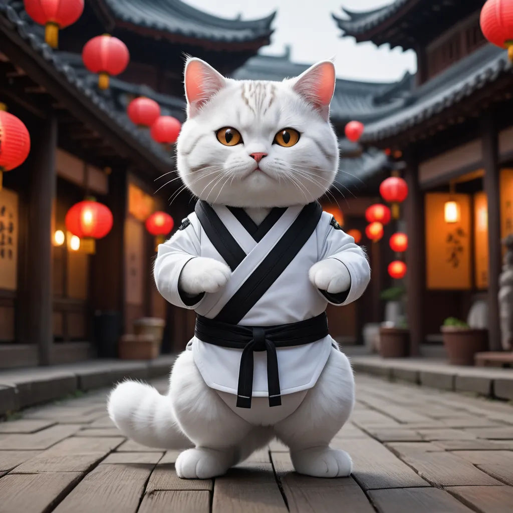 a cat dressed in a karate outfit standing on a brick walkway in front of a building with lanterns in the background, dau-al-set, a character portrait, Cao Buxing, promotional image