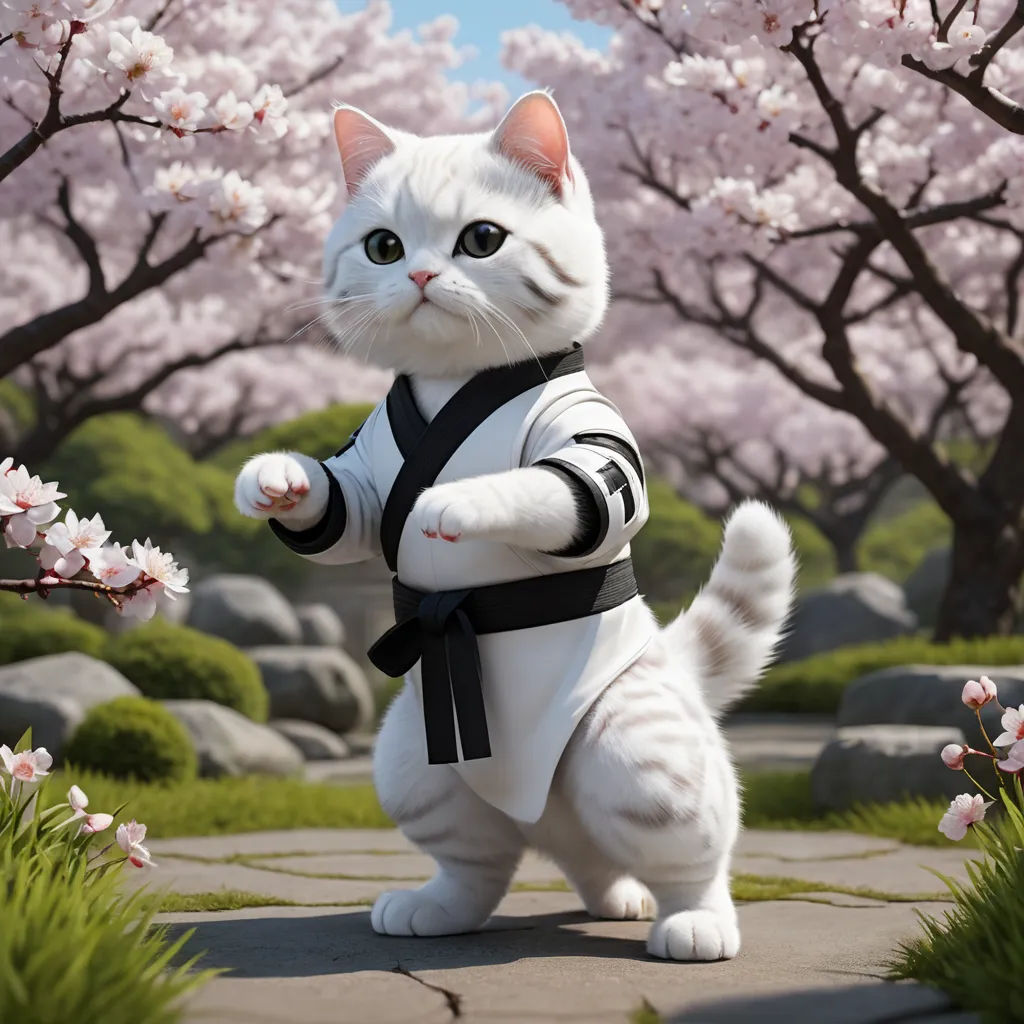 a cat in a karate outfit standing on its hind legs in a park with cherry blossoms in the background, furry art, concept art, Chen Chi, unreal engine 5 quality render