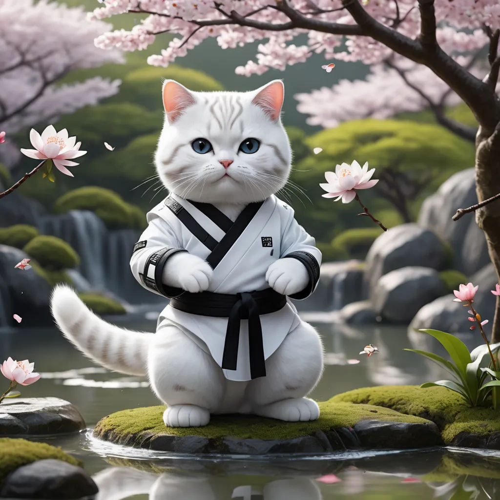 a cat dressed in a kimono sitting on a rock in a pond of water with flowers around it, furry art, a 3D render, Carlos Catasse, official art