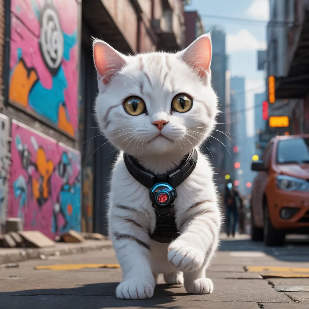 a white cat with a black collar and leash on a city street with graffiti on the buildings and cars, furry art, a character portrait, Carlos Catasse, promotional image
