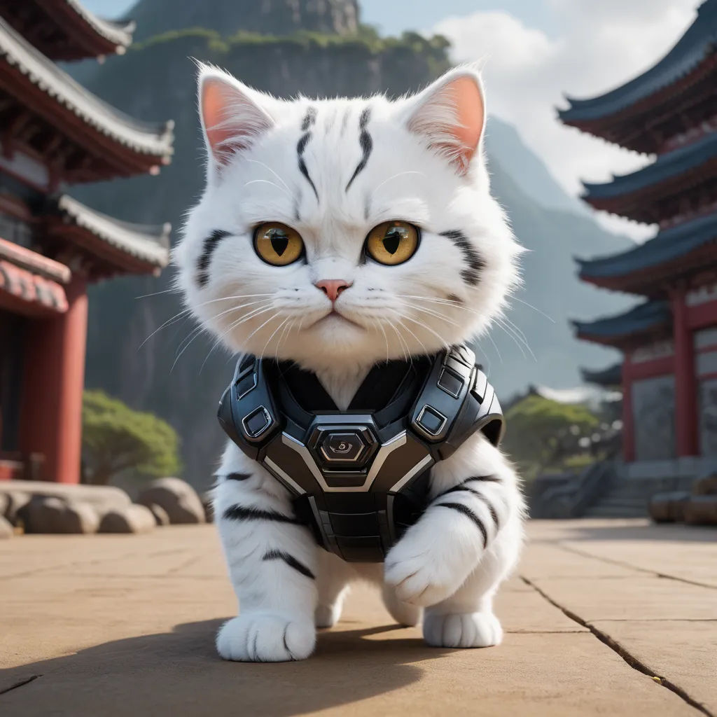a cat with a helmet on standing in front of a building with a mountain in the background and a pagoda in the foreground, furry art, a character portrait, Chris LaBrooy, unreal engine highly rendered
