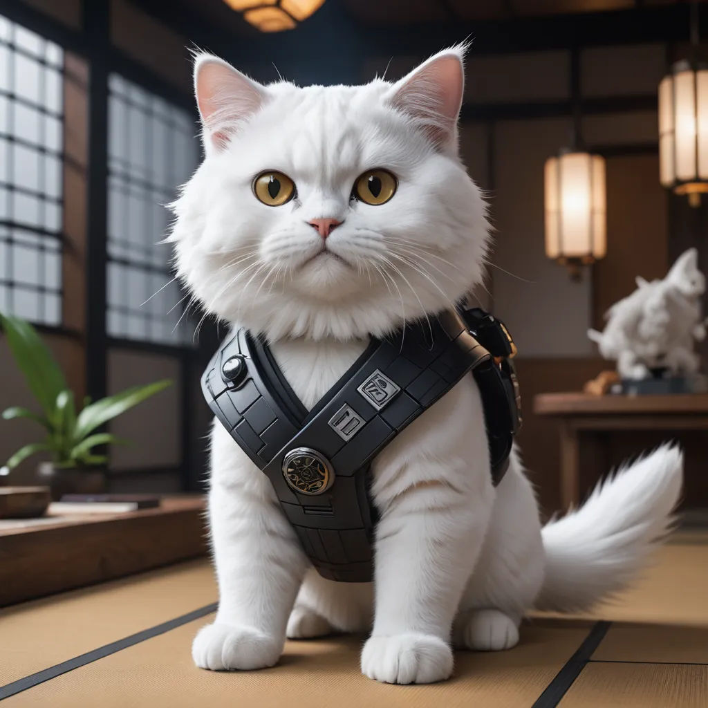 a white cat wearing a star wars costume sitting on a floor next to a plant and a lamp shade, furry art, a character portrait, Carlos Catasse, unreal engine highly rendered