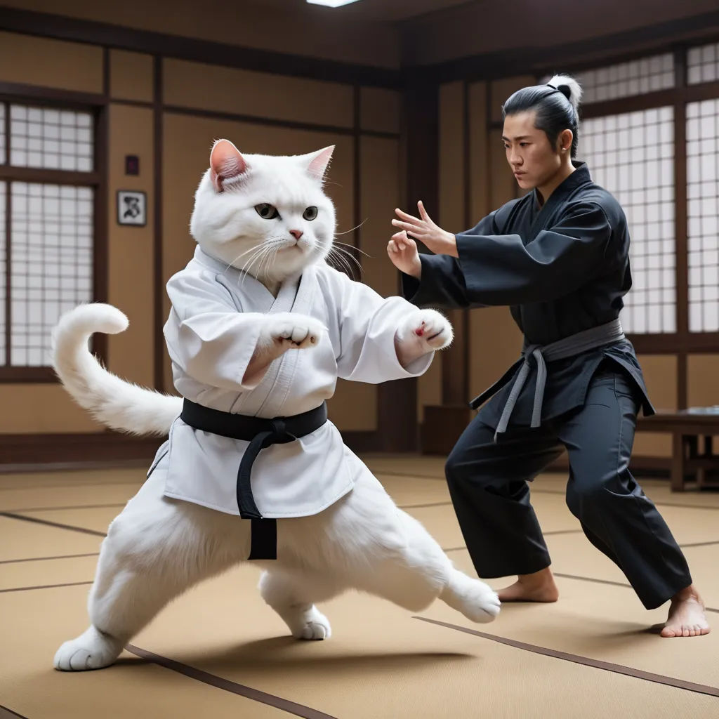 a man and a cat are in a room with a rug and a table and chairs and one cat is wearing a black and white kimono, ukiyo-e, a stock photo, Baiōken Eishun, live action