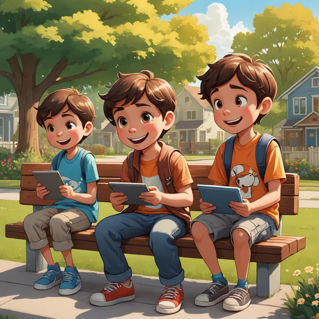 three boys sitting on a bench with a tablet in their hands and a dog on the other side of the bench, american scene painting, a storybook illustration, Diego Gisbert Llorens, professional digital painting