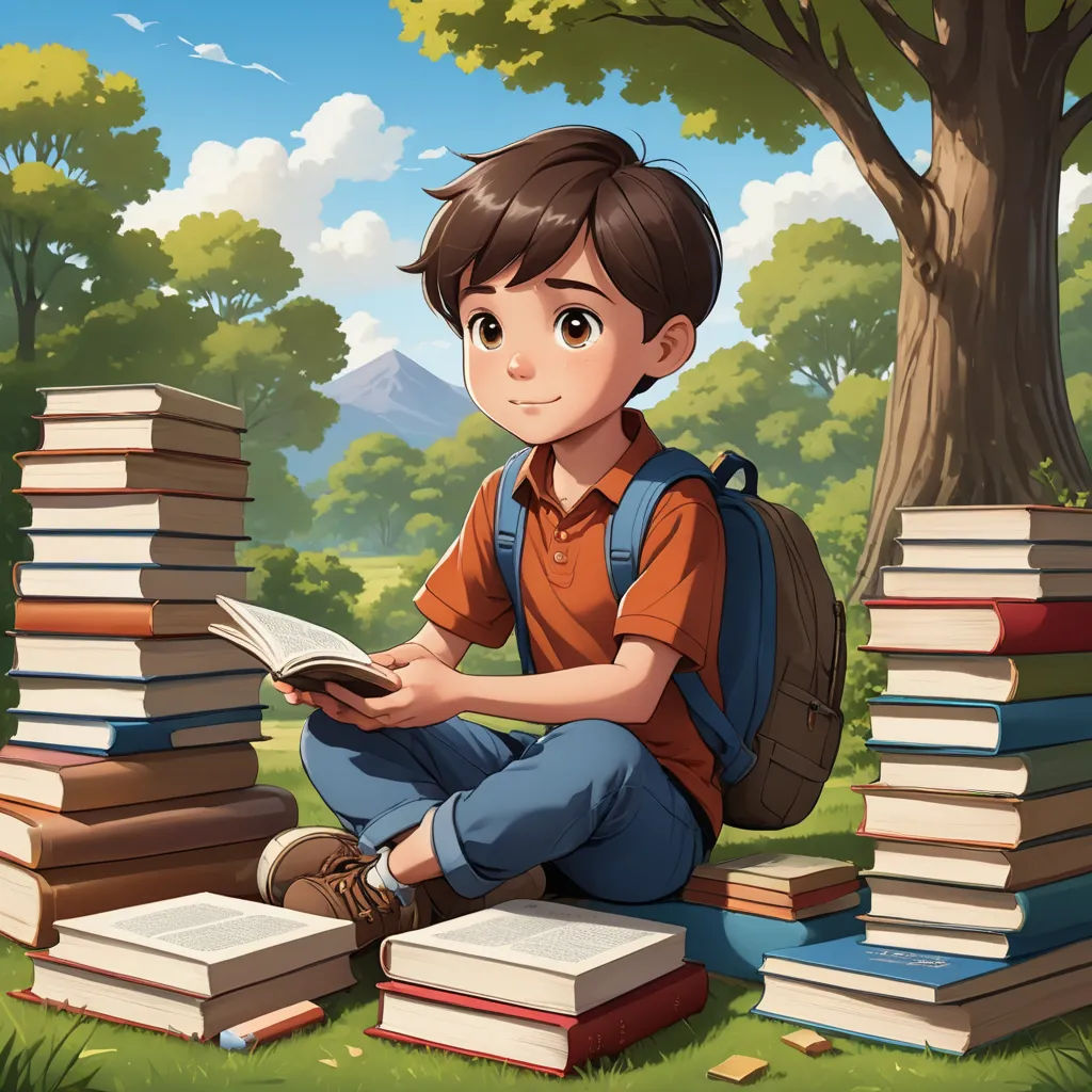 a boy sitting on the ground with a pile of books in front of him and a tree in the background, fantasy art, a storybook illustration, Cyril Rolando, storybook illustration