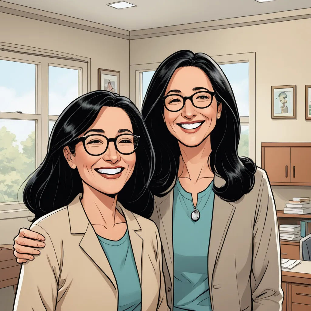 two women standing next to each other in a room with a desk and a window in the background and a computer on the desk, process art, a comic book panel, Ada Gladys Killins, graphic novel